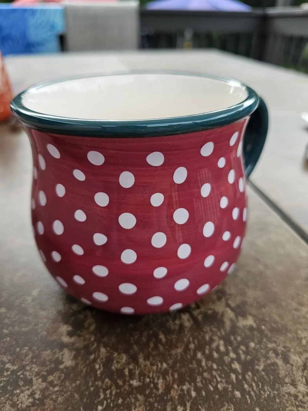 PIONEER Red Polka Dot Ceramic Mug with Dark Green Rim